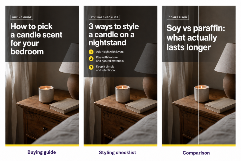 Three pins made from one Instagram candle photo: buying guide, styling checklist, comparison
