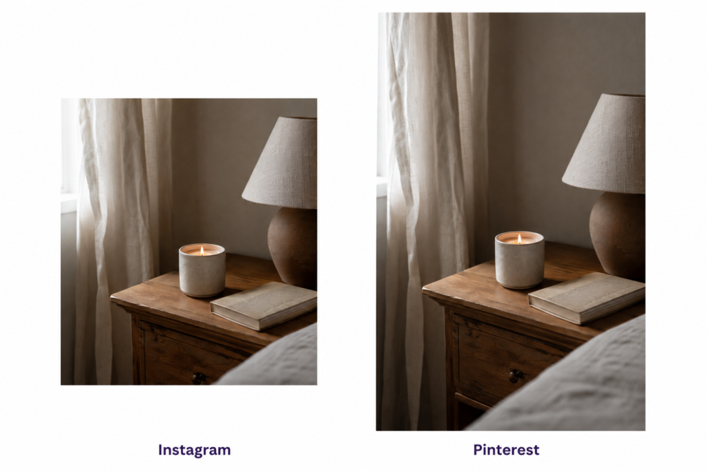 Instagram square crop next to a native 2:3 Pinterest content formats pin of the same candle photo